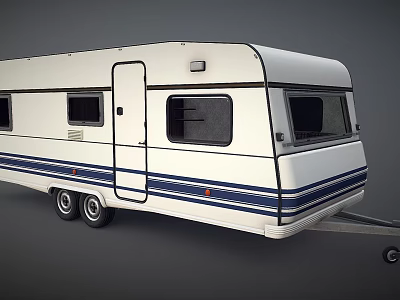 White Towable Caravan Trailer With Blue Stripes Windows Door And Exterior Design 3d model