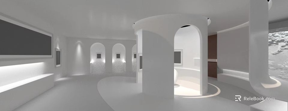 Modern White Interior Space With Arched Structures And Circular Design Elements 3d model