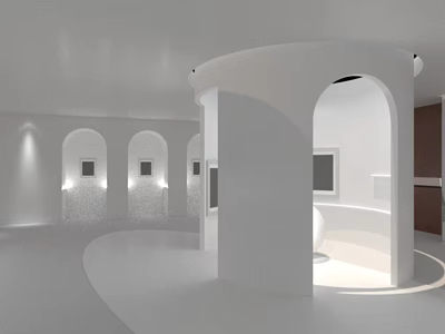 Modern White Interior Space With Arched Structures And Circular Design Elements 3d model