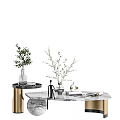 Elegant Modern Coffee Table With Marble Top Brass Base And Decorative Plants 3d model