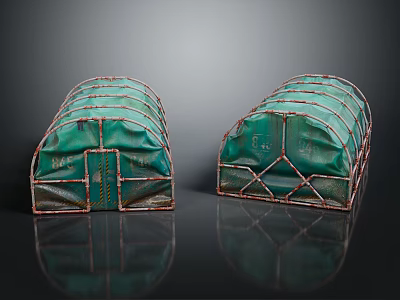 Two Green Tents With Metal Frame And Striped Design On Reflective Surface 3d model