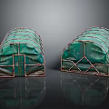 Two Green Tents With Metal Frame And Striped Design On Reflective Surface 3d model