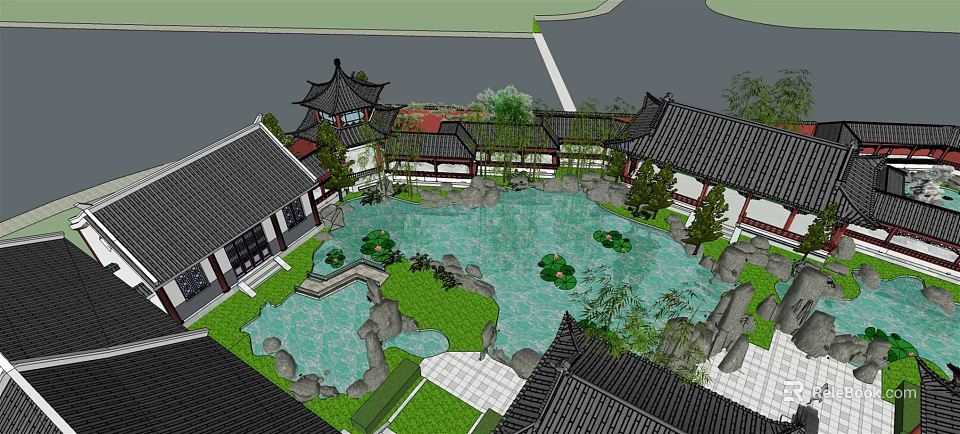 Traditional Chinese Garden Landscape With Pond Lotus Greenery And Architectural Pavilions 3d model 