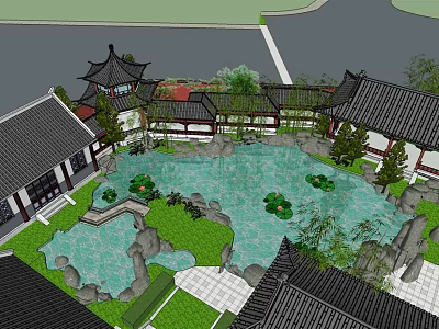 Traditional Chinese Garden Landscape With Pond Lotus Greenery And Architectural Pavilions 3d model