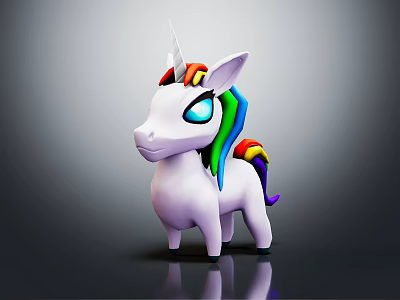 Cute Cartoon Unicorn Toy With Rainbow Mane Tail White Body And Blue Green Eyes 3d model