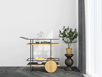 Modern Interior Corner Featuring Wooden Metal Trolley With Fruits And Potted Plant 3d model