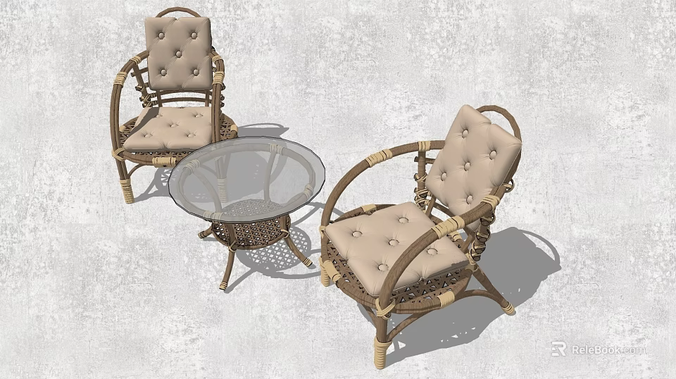 Wicker Chair And Round Glass Table Set With Cushioned Seats For Outdoor Use 3d model 