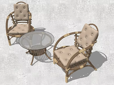 Wicker Chair And Round Glass Table Set With Cushioned Seats For Outdoor Use 3d model
