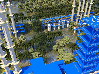 Lush Tropical Wetland Landscape With Dense Palm Trees Surrounding Modern Blue Industrial Plant Facilities 3d model