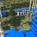 Lush Tropical Wetland Landscape With Dense Palm Trees Surrounding Modern Blue Industrial Plant Facilities