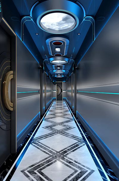 Modern Futuristic KTV Corridor Interior Design With Tech Inspired Lighting And Ambience 3d model