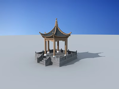 Traditional Chinese Pavilion With Pagoda Roof Columns Railings And Blue Sky 3d model