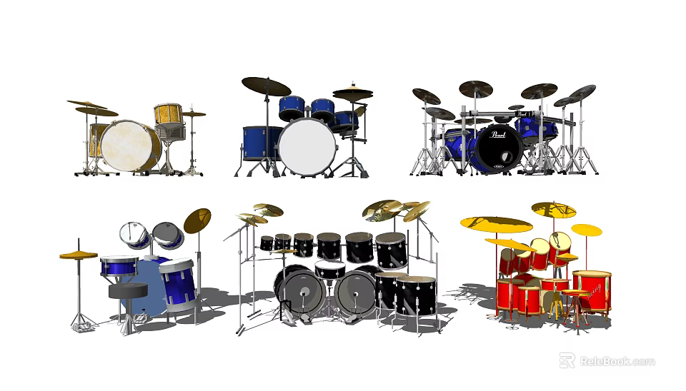 Musical Instruments Various Styles of Drum Sets With Colorful Cymbals and Drums 3d model 