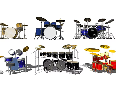 Musical Instruments Various Styles of Drum Sets With Colorful Cymbals and Drums 3d model