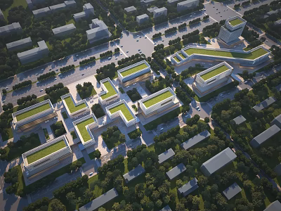 Modern Office Buildings With Green Roofs And Landscaped Surroundings In Urban Complex 3d model