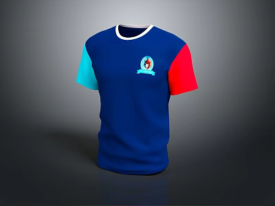 Blue T-shirt with Blue and Red Color Block Sleeves and Front Logo Design 3d model