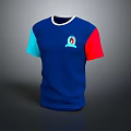 Blue T-shirt with Blue and Red Color Block Sleeves and Front Logo Design