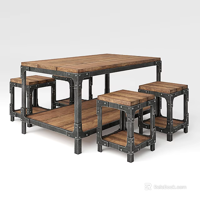 Industrial Style Dining Table Set With Wooden Tabletop And Metal Frame Stools 3d model 
