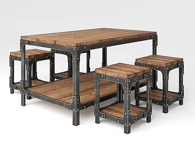 Industrial Style Dining Table Set With Wooden Tabletop And Metal Frame Stools 3d model