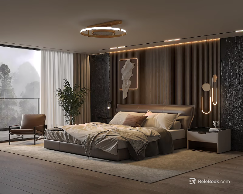 Modern Bedroom Interior With Platform Bed Circular Ceiling Lamp Decorative Painting And Floor to Ceiling Window 3d model 