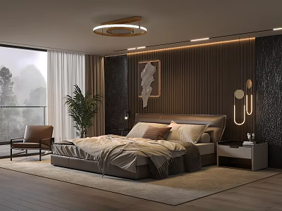 Modern Bedroom Interior With Platform Bed Circular Ceiling Lamp Decorative Painting And Floor to Ceiling Window 3d model