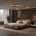 Modern Bedroom Interior With Platform Bed Circular Ceiling Lamp Decorative Painting And Floor to Ceiling Window