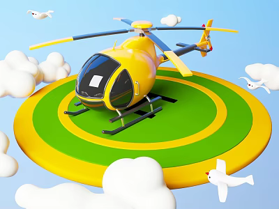 Yellow Helicopter Parked On Circular Green And Yellow Platform With White Clouds And Flying Birds 3d model