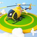 Yellow Helicopter Parked On Circular Green And Yellow Platform With White Clouds And Flying Birds