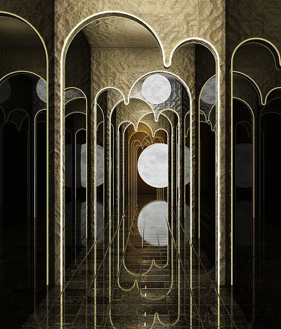 Modern Luxury KTV Corridor With Mirrors Lighting And Golden Accents 3d model