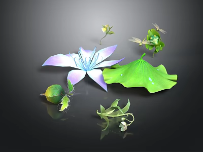 Purple Lotus Flower With Green Leaf Dragonfly Small Leaves And Buds 3d model