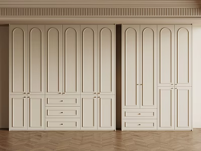 White Wardrobe with Arched Panel Doors and Drawers in Home Interior Design 3d model