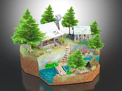 Rustic Log Cabin In Natural Setting With Pine Trees Windmill Stream And Wooden Bridge 3d model