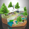 Rustic Log Cabin In Natural Setting With Pine Trees Windmill Stream And Wooden Bridge