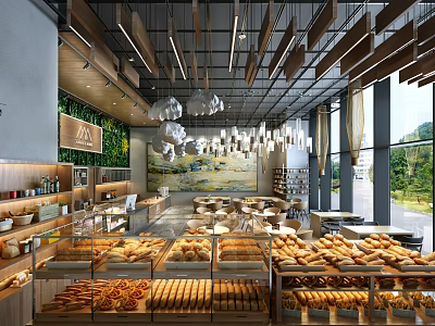 Spacious Bakery Interior With Breads Pastries Green Wall Chandeliers Large Windows 3d model