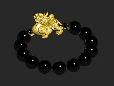 Gold Pixiu Pendant Bracelet with Black Beads Traditional Chinese Lucky Charm Jewelry 3d model