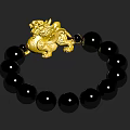 Gold Pixiu Pendant Bracelet with Black Beads Traditional Chinese Lucky Charm Jewelry