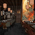 Traditional Asian Restaurant With Hanging Lanterns Phoenix Mural Wooden Decor And Dining Tables