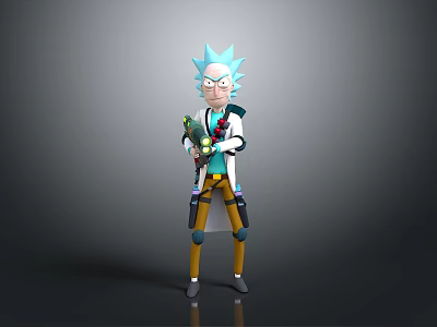 Serious Blue Haired Character Wearing Lab Coat With Yellow Pants Mechanical Legs Holding Weapon 3d model