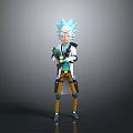 Serious Blue Haired Character Wearing Lab Coat With Yellow Pants Mechanical Legs Holding Weapon