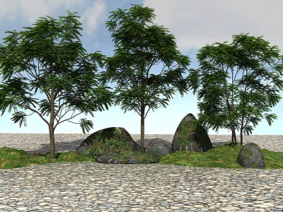 Tall Green Trees With Rocks Grass And Cobblestone Ground Under Blue Sky 3d model