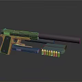 Yellow And Black Pistol With Silencer Magazine And Bullets