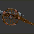 Vintage Cannon Weapon With Wooden Wheels Metal Barrel And Red Accents