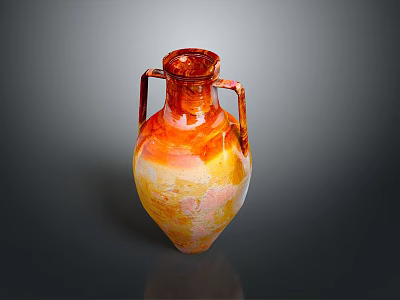 Sculpted Ceramic Vase with Two Handles Orange Yellow Gradient Surface and Intricate Carved Details 3d model