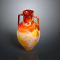Sculpted Ceramic Vase with Two Handles Orange Yellow Gradient Surface and Intricate Carved Details