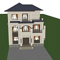 Two Story Detached Villa with Front Lawn Green Trees and People Walking Pathway