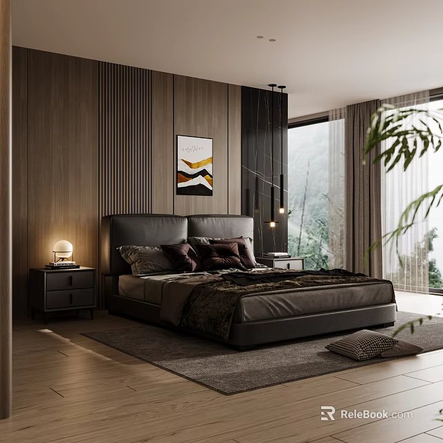 Modern Dark Bedroom With Wooden Walls Leather Headboard Pendant Lights And Floor To Ceiling Windows 3d model 