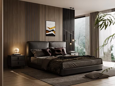 Modern Dark Bedroom With Wooden Walls Leather Headboard Pendant Lights And Floor To Ceiling Windows 3d model