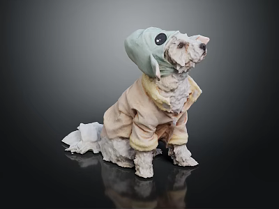 White Dog Dressed In Green Hat And Beige Coat For Pet Costume 3d model