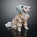 White Dog Dressed In Green Hat And Beige Coat For Pet Costume