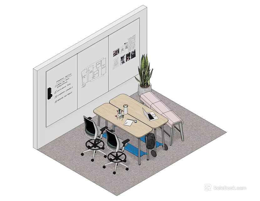 Modern Office Desk Interior With Whiteboard Notes Pictures Plant And Chairs 3d model 